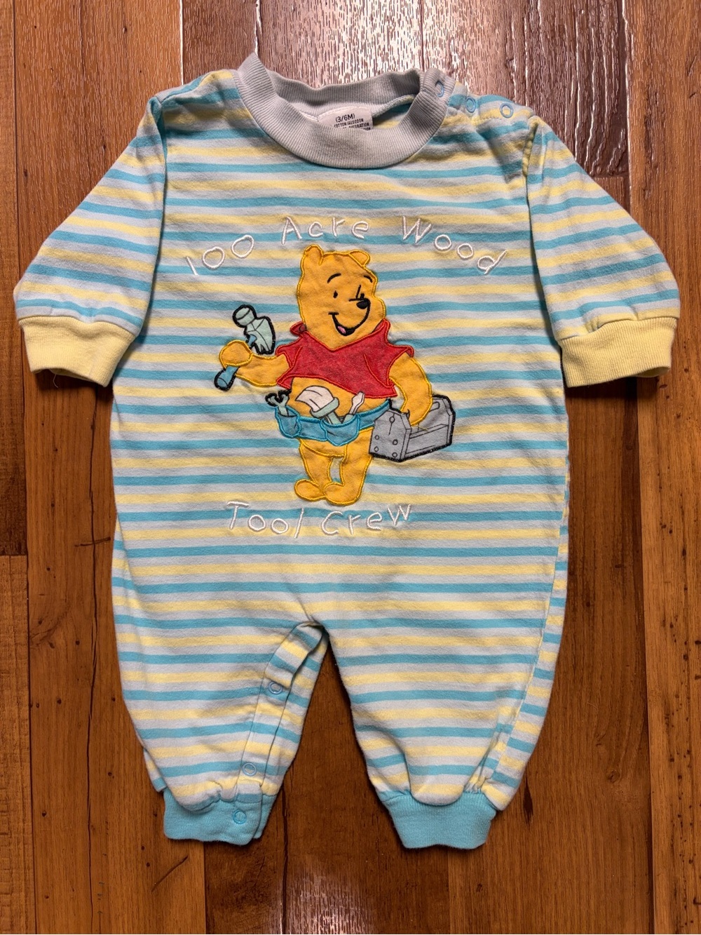 Winnie the Pooh Vintage Yellow & Blue Striped Baby Romper  Size 3-6 Months RARE